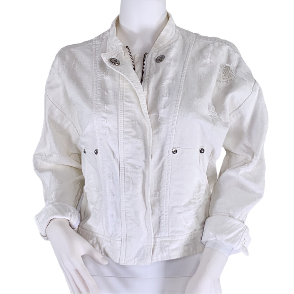 Free People Distressed Off White Denim Jean Jacket - Picture 3 of 12